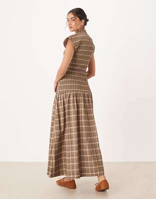 high neck shirred maxi dress with dropped waist in plaid