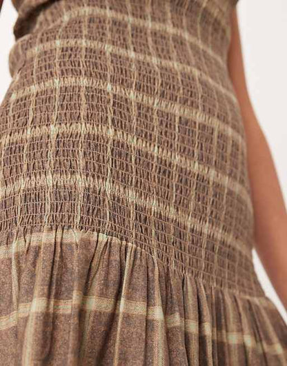 high neck shirred maxi dress with dropped waist in plaid