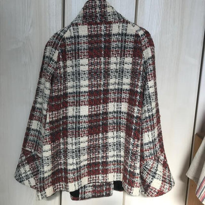 Red Check Stand Collar Button-Down Coat