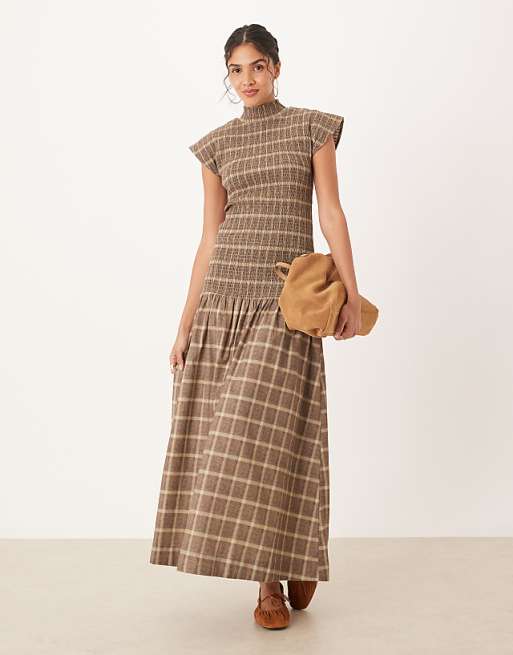 high neck shirred maxi dress with dropped waist in plaid