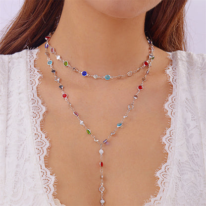 Simple Colorful Crystal Pearl Y-shaped Long Sweater Necklace