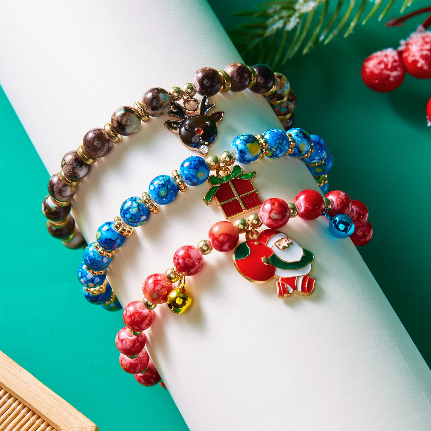 Christmas Beaded Pendant Bracelet Set