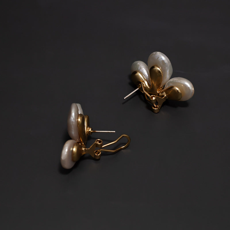 Natural Baroque Large Pearl Petal Alloy Earrings