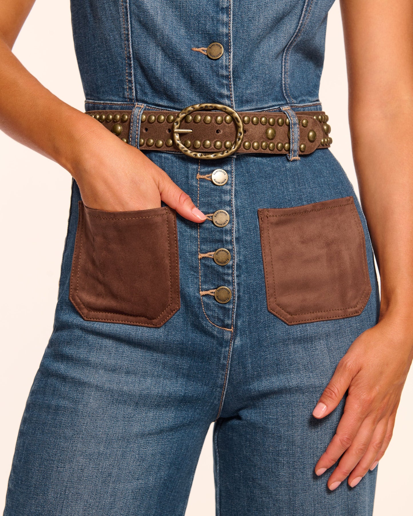 Claudette Fauxe Suede Trim Denim Jumpsuit