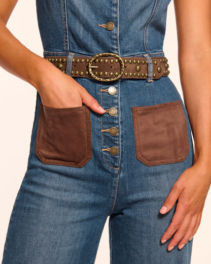 Claudette Fauxe Suede Trim Denim Jumpsuit