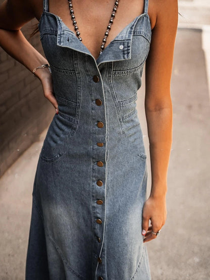 Women's Summer Vintage Denim Washed Distressed Large Swing Dress Temperament